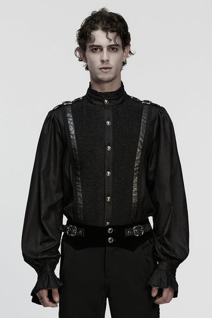 Black Stand Collar Long Puff Sleeves Ruffle Pleated Men's Gothic Blouse