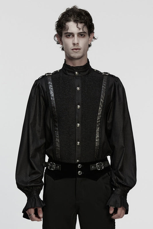 Black Stand Collar Long Puff Sleeves Ruffle Pleated Men's Gothic Blouse