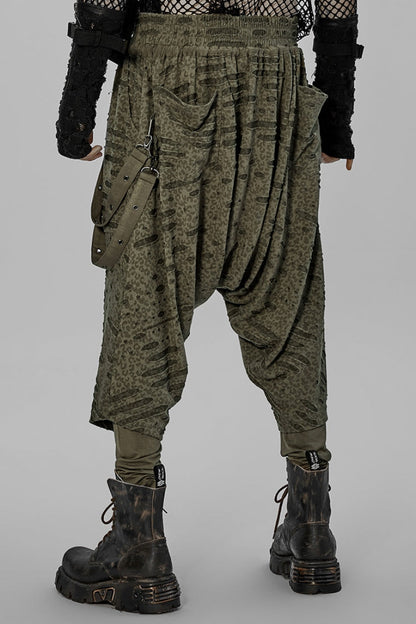 Green Ripped Men's Punk Sagging Pants with Straps