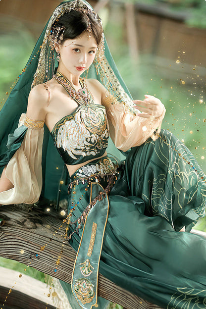 Green [Princess Of The Guo Huang Flying Apsaras] Halterneck High Waisted Printed Embroidered Women's Gorgeous Hanfu Pants Set