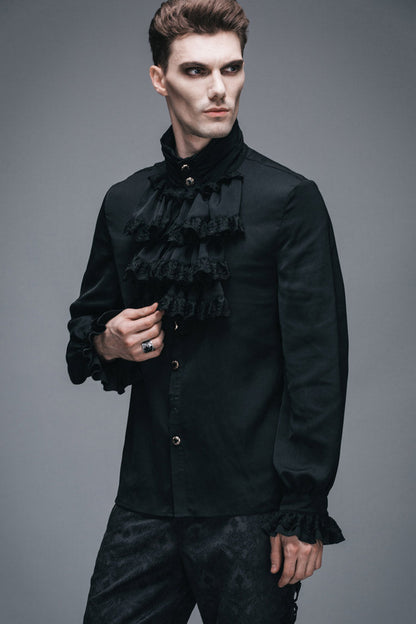Black Ruffled Lace Button-Up Micro-bullet Chiffon Long Sleeve Men's Gothic Shirt