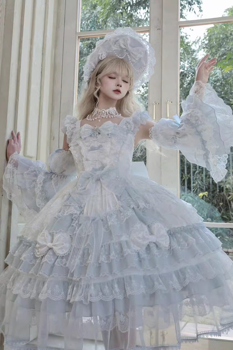 Blue [Prelude of Spring] Sleeveless Multi-Layered Ruffled Bow Lace Sweet Princess Lolita Jsk Dress