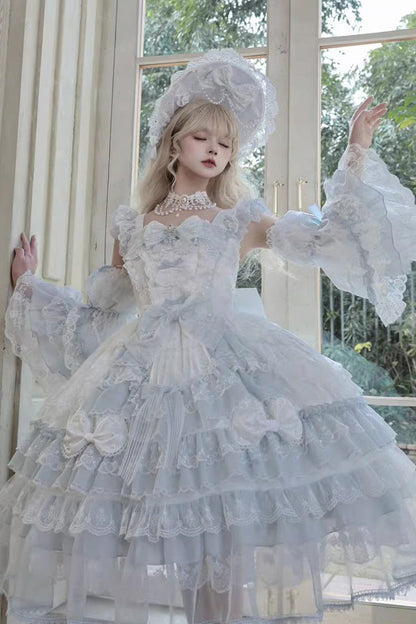 Blue [Prelude of Spring] Sleeveless Multi-Layered Ruffled Bow Lace Sweet Princess Lolita Jsk Dress