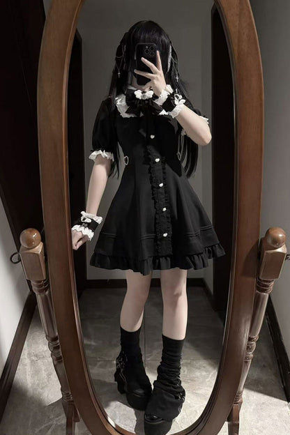 Black [Angel Creed] Short Sleeves Ruffle Bowknot Stitching Lace Gothic Plus Size Japanese College Style Jirai Kei Dress