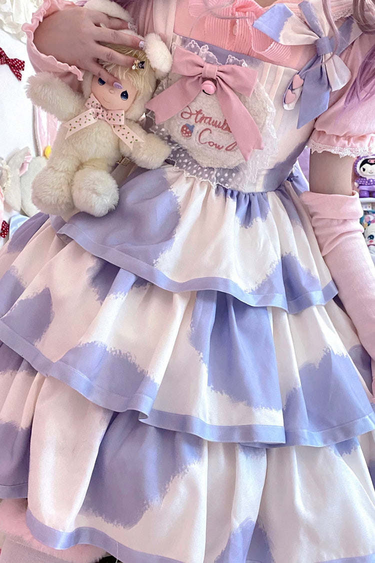 Blue Sleeveless Triple-Layered Cow Print Ruffle Bowknot Sweet Lolita Jsk Dress