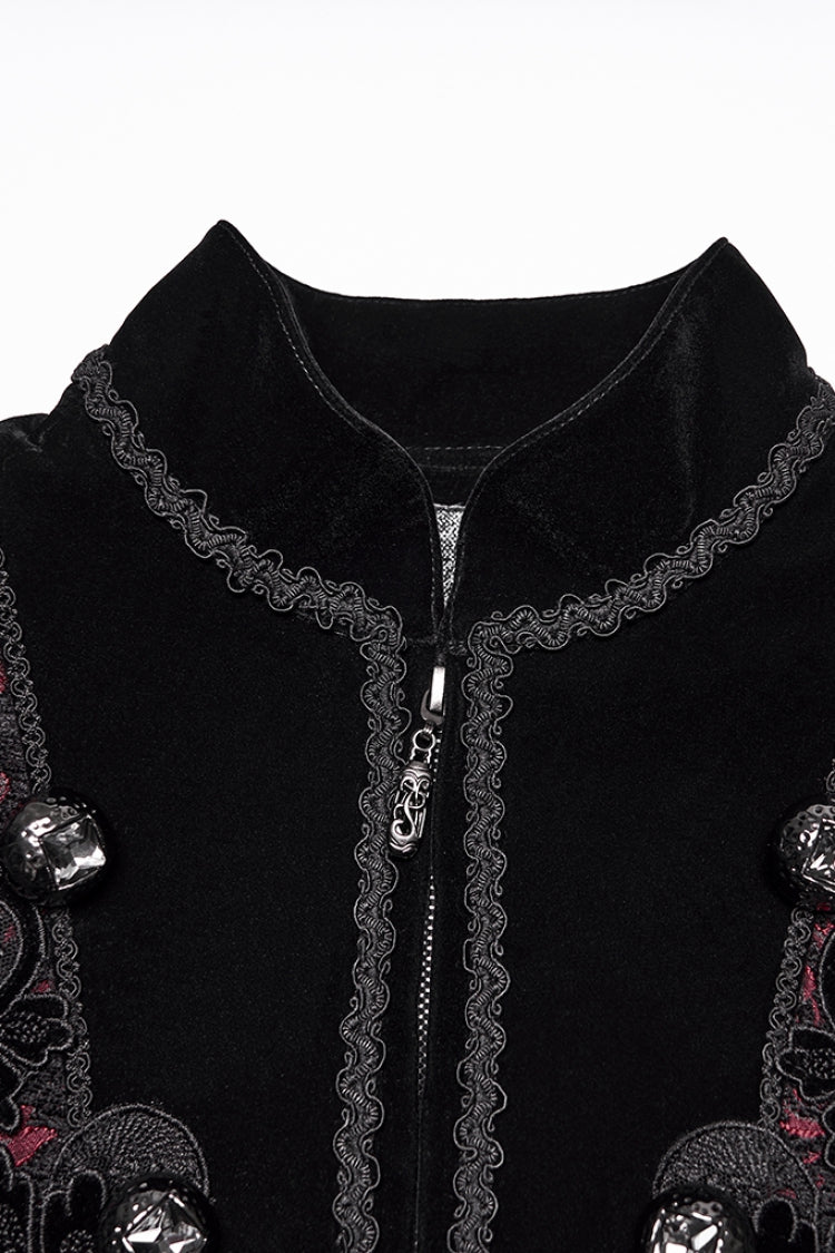 Black/Red Stand Collar Long Sleeves Floral Jacquard Bouble-breasted Zipper Men's Gothic Coat