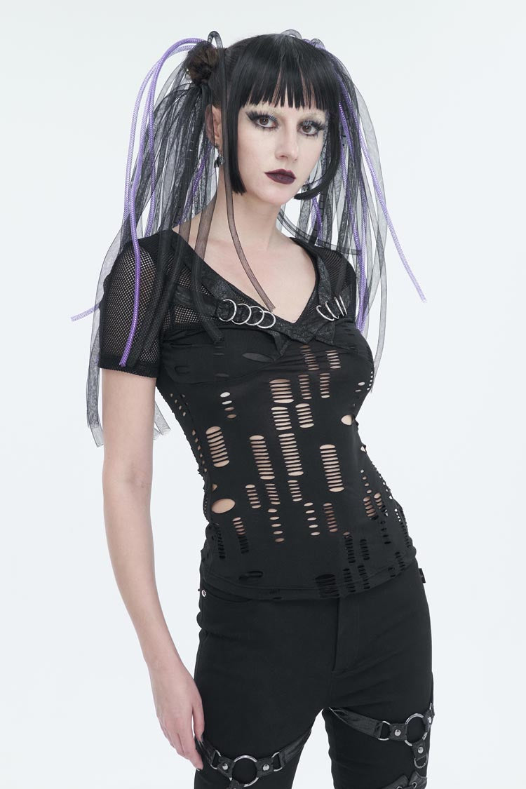 Black V Neck Stretch Destroyed Faux Leather Metal Ring Women's Punk T-Shirt