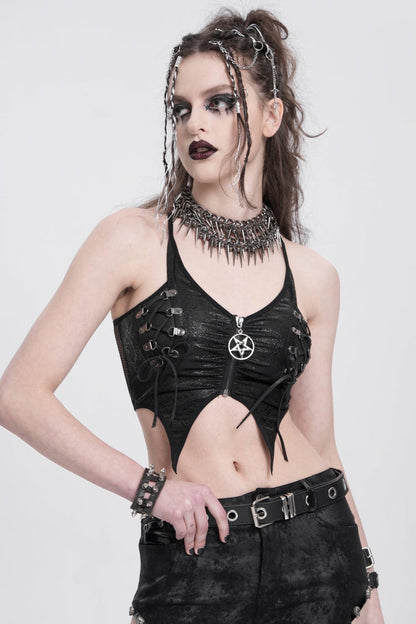 Black Sleeveless Stitching Irregular Mesh Women's Punk Tank Top