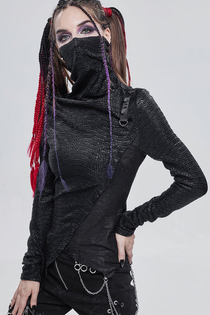 Black Punk High Neck Compressed Stretch Fabric Irregular Pointed Hem Pleated Women's Shirt