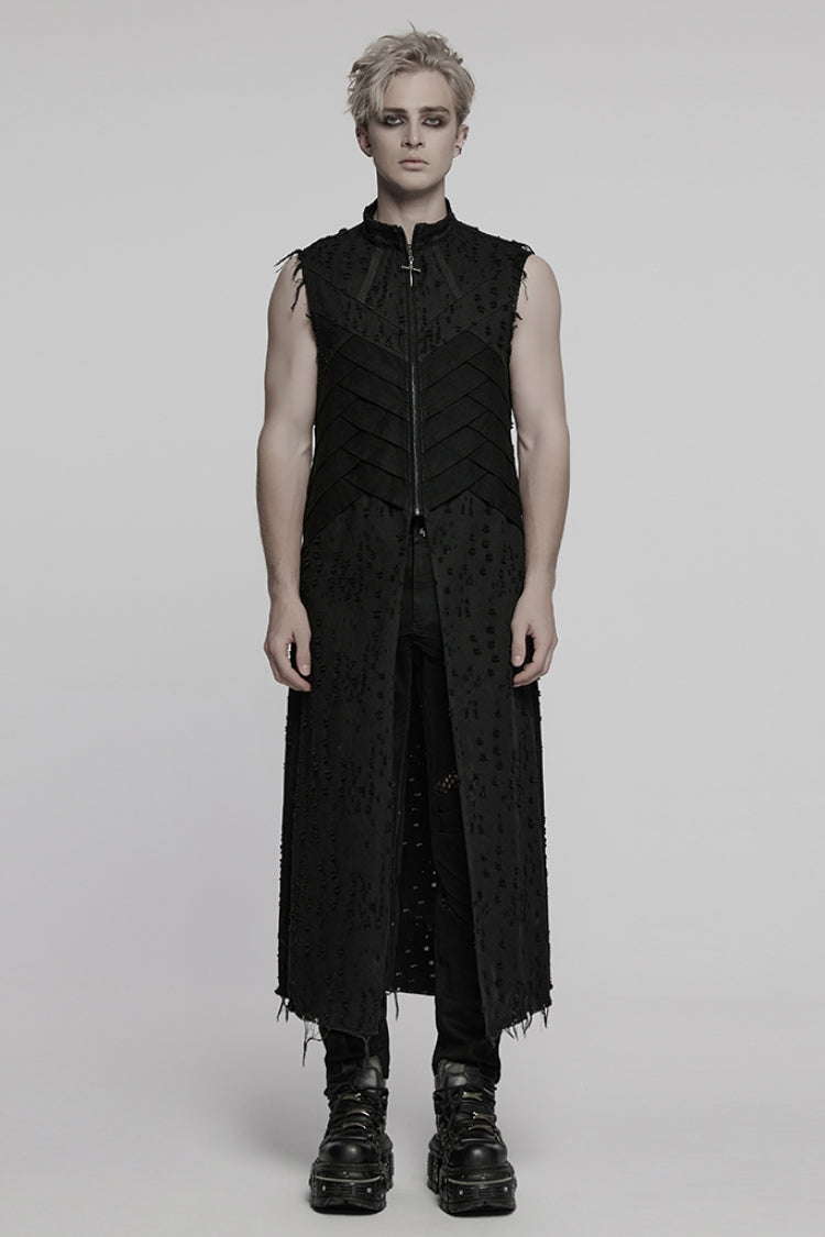 Black Stand Collar Sleeveless Cross Distressed Embroidery Men's Gothic Long Vest