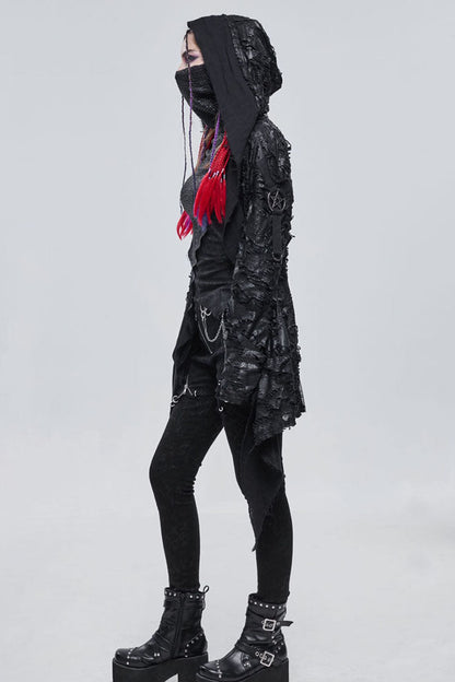Black Punk Diablo Hole Design Cross Shape Stitching Transparent Mesh Metal Decoration Knitted Women's Coat