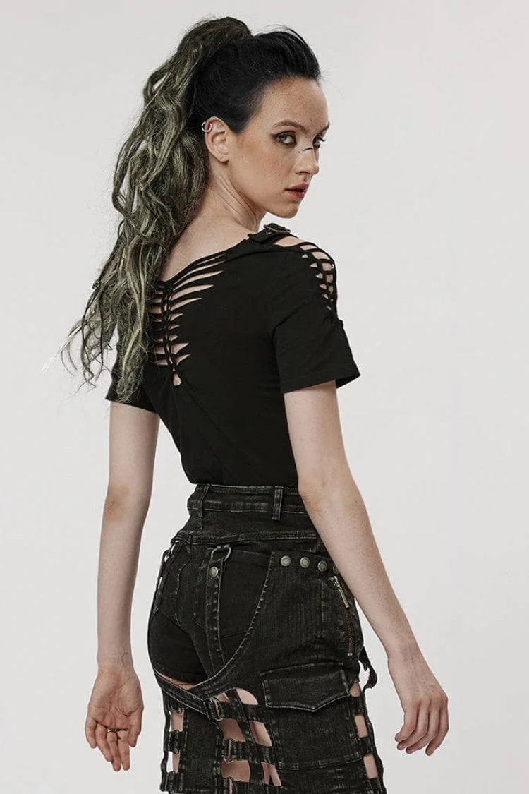 Black Short Sleeves Ripped Womens Steampunk T-Shirt with Adjustable Distressed Shoulders and Chest