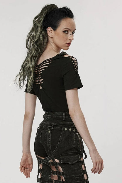 Black Short Sleeves Ripped Womens Steampunk T-Shirt with Adjustable Distressed Shoulders and Chest