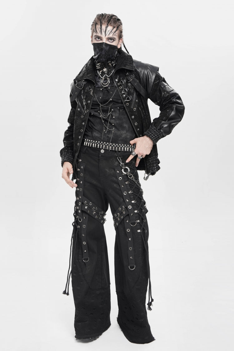 Black Spliced Lace-Up Mesh Ripped Men's Punk Baggy Pants