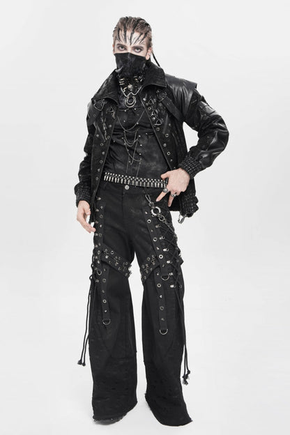 Black Spliced Lace-Up Mesh Ripped Men's Punk Baggy Pants