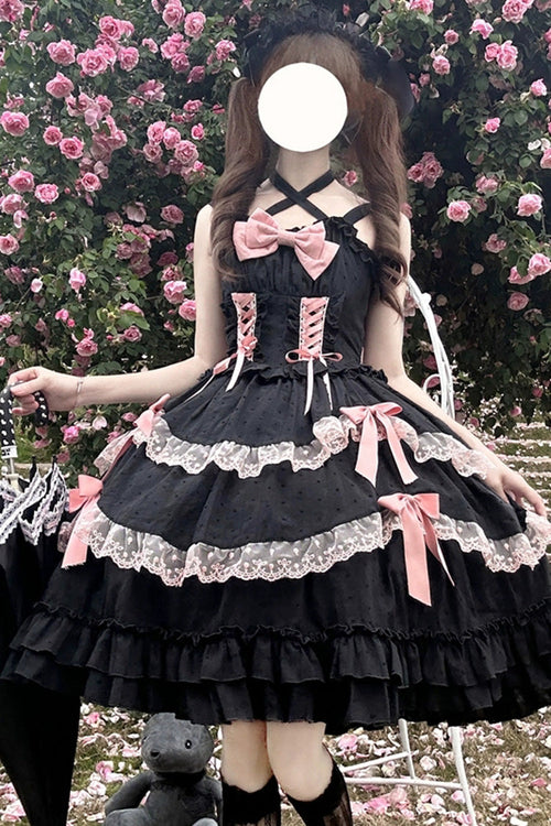 Black [Miss Pearl] Sleeveless Double-Layered Bowknot Lace Lace-Up Sweet Lolita Jsk Dress