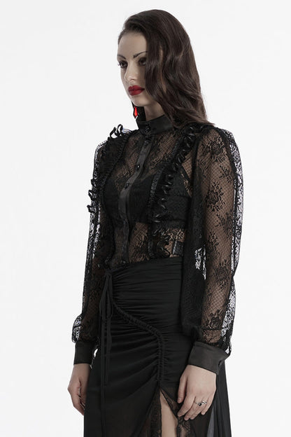 Black Stand Collar Long Puff Sleeves Hollow Embroidery Lace Women's Gothic Blouse