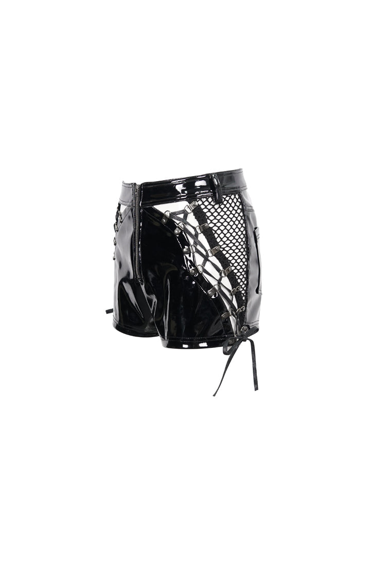 Black Stretch Shiny Panel Diamond Mesh Sexy Women's Gothic Shorts