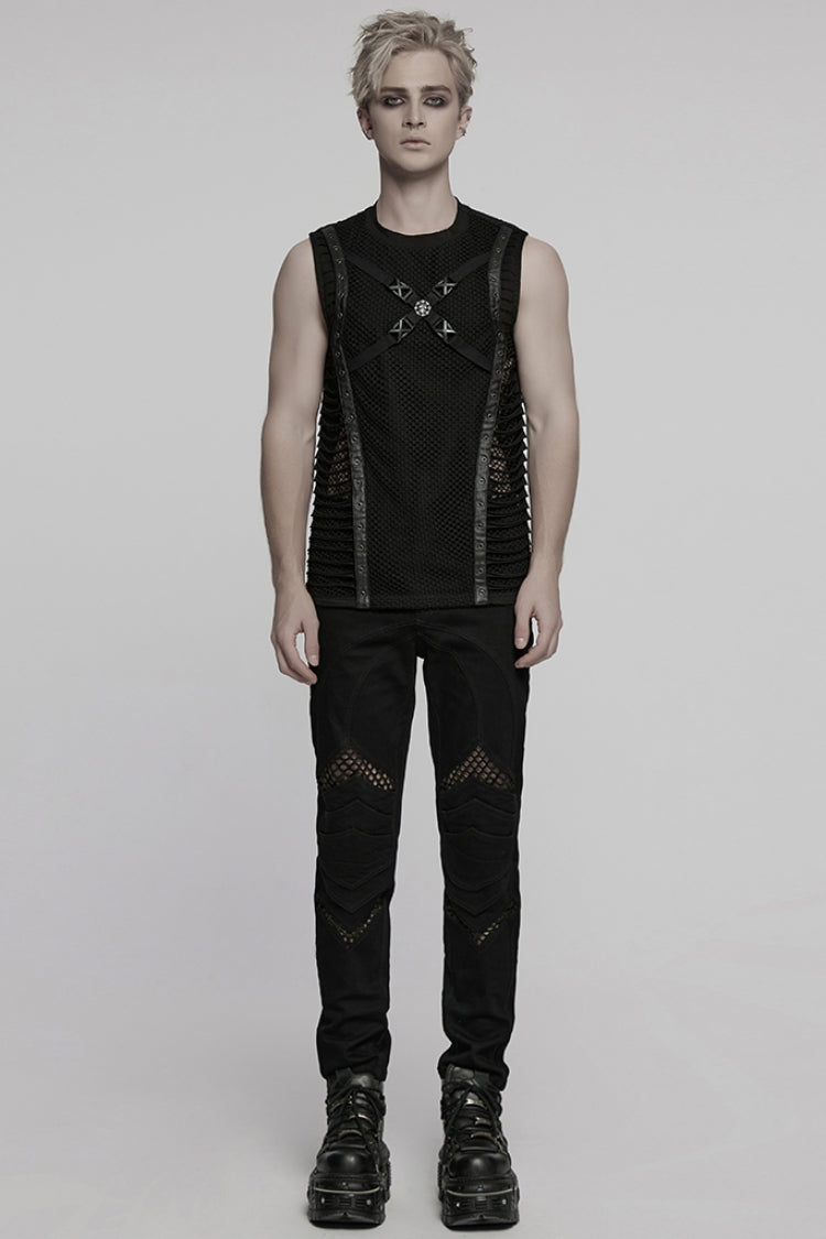 Black Round Collar Sleeveless Stitching Mesh Buckle Men's Punk Vest