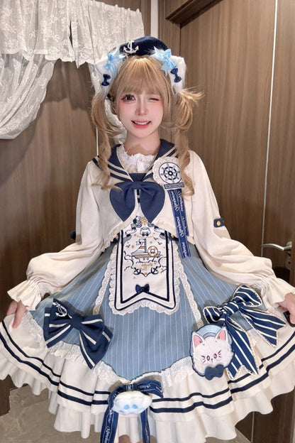Blue/Ivory [Ride the Wind and Waves] Double-Layered Printed Ruffled Bow Lace Sweet Lolita Jsk Dress Set (Coat Included)