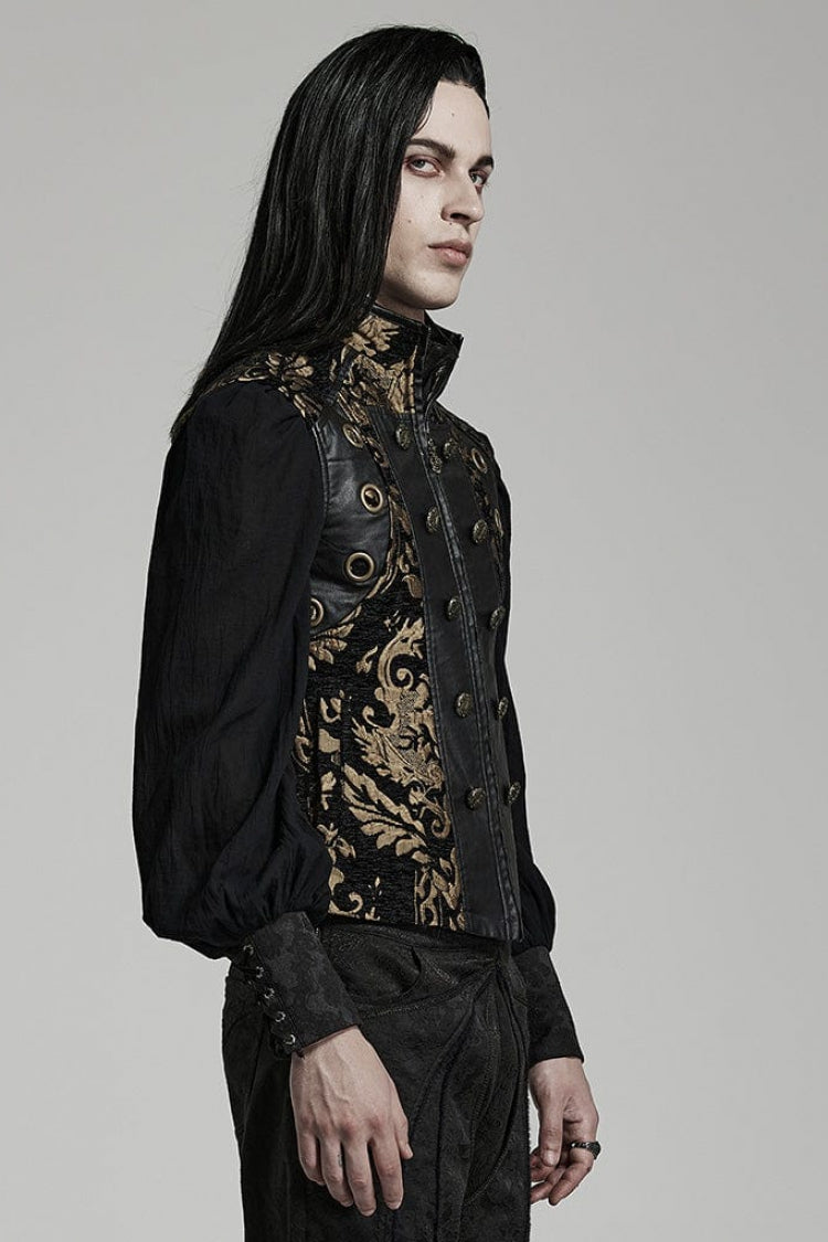 Men's Stand Collar Jacquard Print Stitching Metal Ring Decoration Gothic Vest 2 Colors