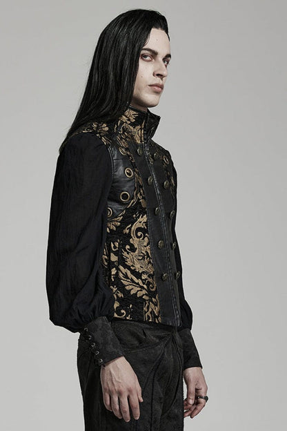Men's Stand Collar Jacquard Print Stitching Metal Ring Decoration Gothic Vest 2 Colors