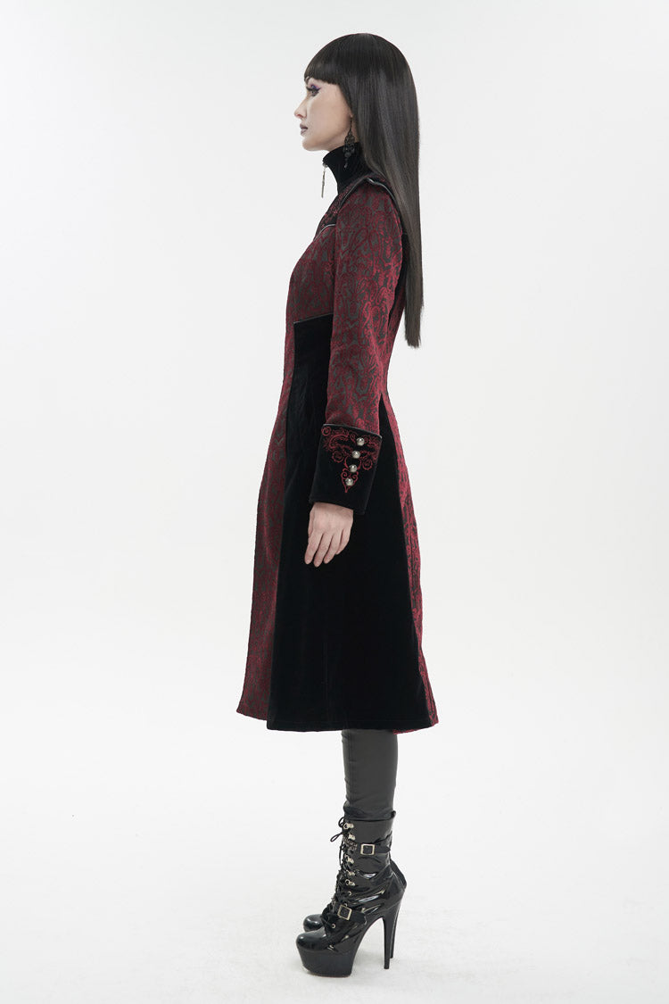 Red Jacquard Studded Mushroom Buckle Metal Cross Embroidered Women's Gothic Coat