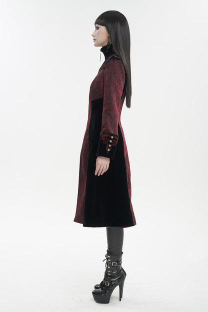 Red Jacquard Studded Mushroom Buckle Metal Cross Embroidered Women's Gothic Coat