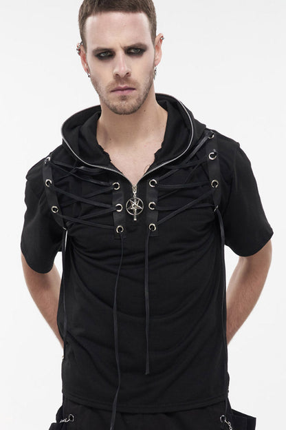 Black Punk Short Sleeve Metal Zipper Lace-Up Knit Loose Casual Hooded Men's T-Shirt