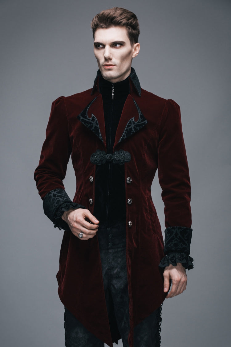 Wine Formal Party Turn Down Collar Long Sleeves Mens Gothic Swallowtail Coat