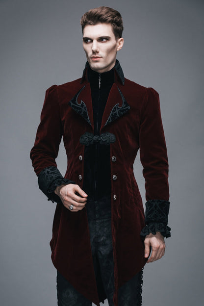 Wine Formal Party Turn Down Collar Long Sleeves Mens Gothic Swallowtail Coat