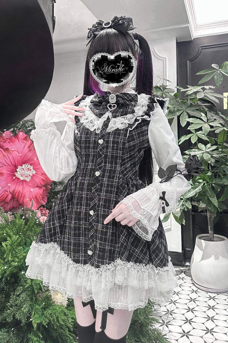 Black [Lunar Eclipse Doll] Long Sleeves Plaid Printed Ruffled Bow Lace Sweet Jirai Kei Japanese Dress Shorts Set