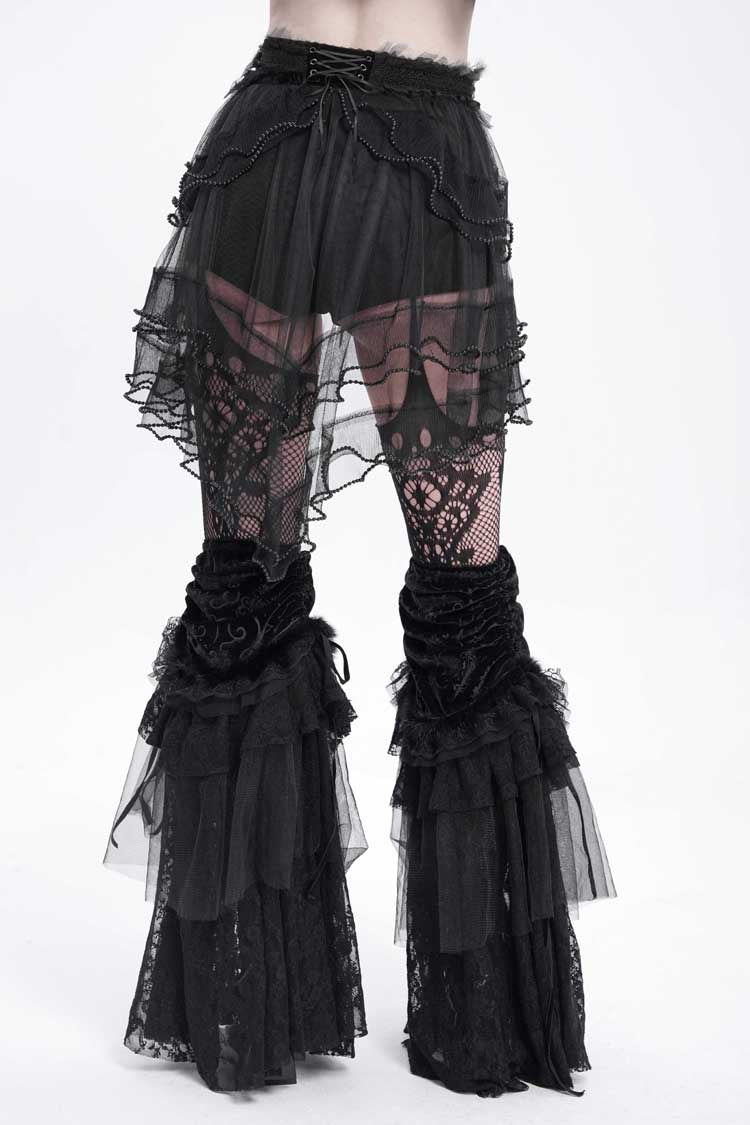 Black Ruffle Stitching Lace-Up Mesh Women's Gothic Shorts