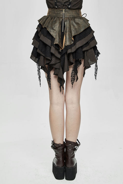 Black Punk Multi Layer Wavy Edges Striped Womens Half Skirt With Corset