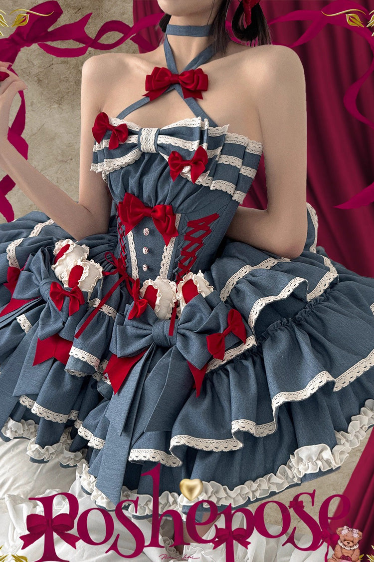 Blue [Milk Rabbit Theater] Halterneck Sleeveless Triple-Layered Ruffle Bowknot Lace-Up Sweet Lolita Jsk Dress