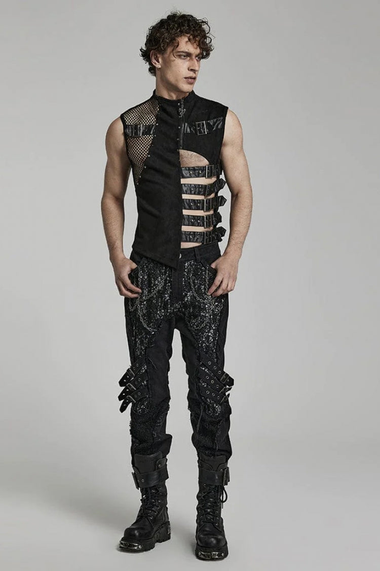 Black Sleeveless Hollow Suede Leather Stitching Irregular Mens Gothic Vest