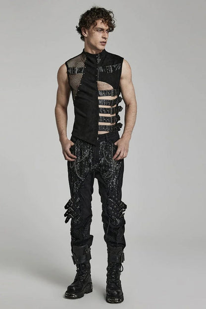 Black Sleeveless Hollow Suede Leather Stitching Irregular Mens Gothic Vest