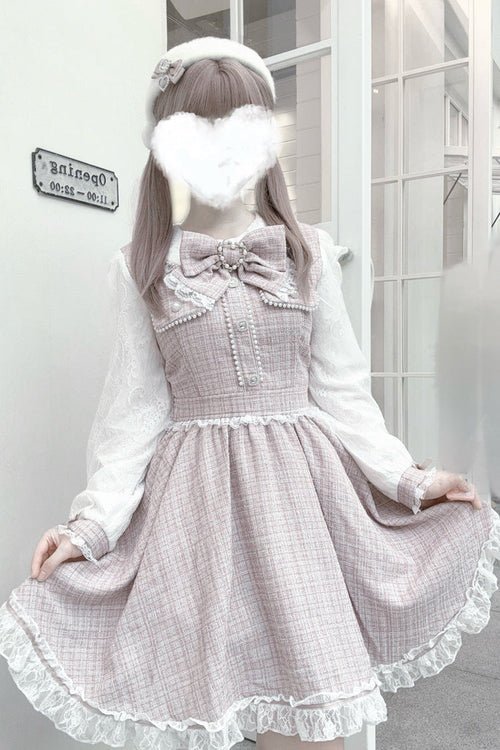 Grey/Pink Long Sleeves Bowknot Lace Pearl Sweet Jirai Kei Dress