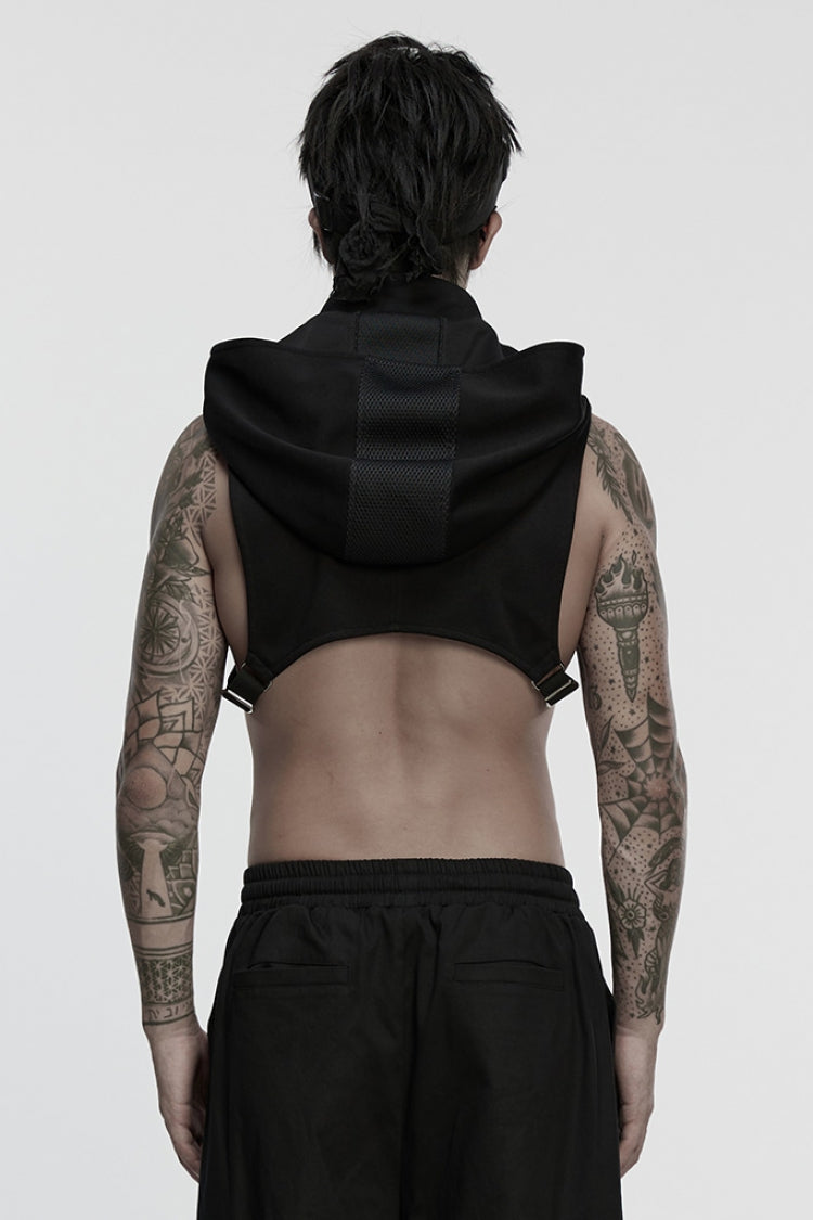 Black Stand Collar Sleeveless Hooded Zipper Men's Punk Vest