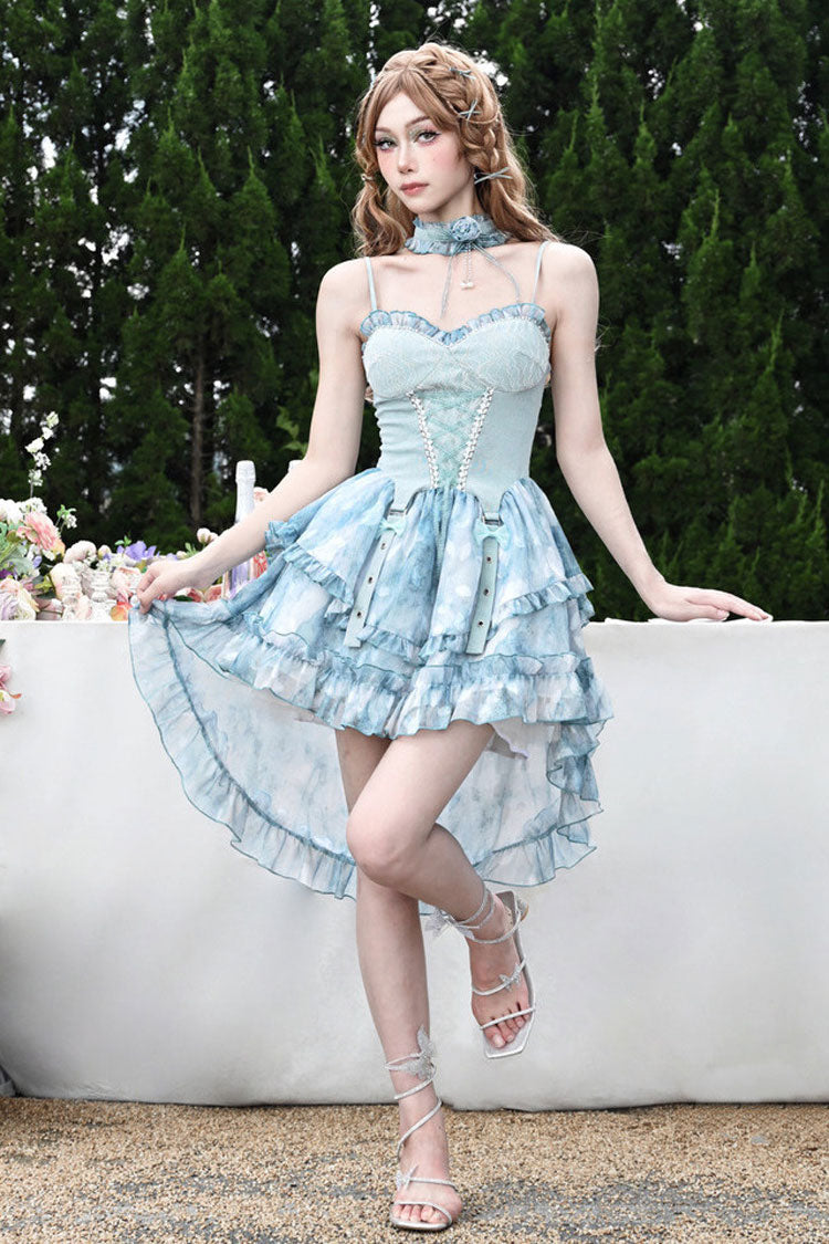 Blue [Mirrorless Dream] Double-Layered Tie-dyed Print Ruffle Bowknot Lace Train Sweet Lolita Jsk Dress
