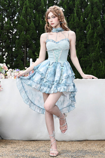 Blue [Mirrorless Dream] Double-Layered Tie-dyed Print Ruffle Bowknot Lace Train Sweet Lolita Jsk Dress