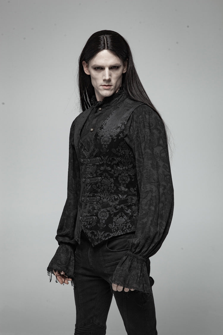 Black Retro Jacquard Front Woven Strap Metal Button Men's Gothic Vest