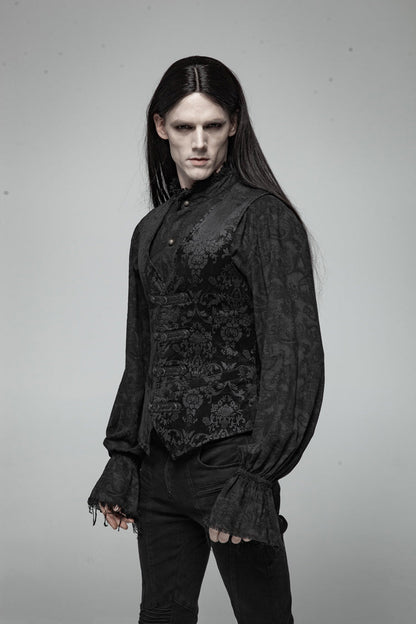 Black Retro Jacquard Front Woven Strap Metal Button Men's Gothic Vest