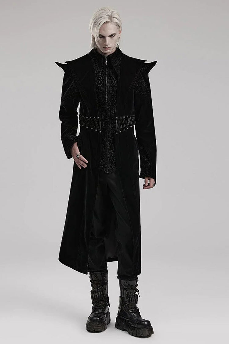 Black Stand Collar Jacquard Print Waist Cord Decoration Mens Gothic Mid Length Coat
