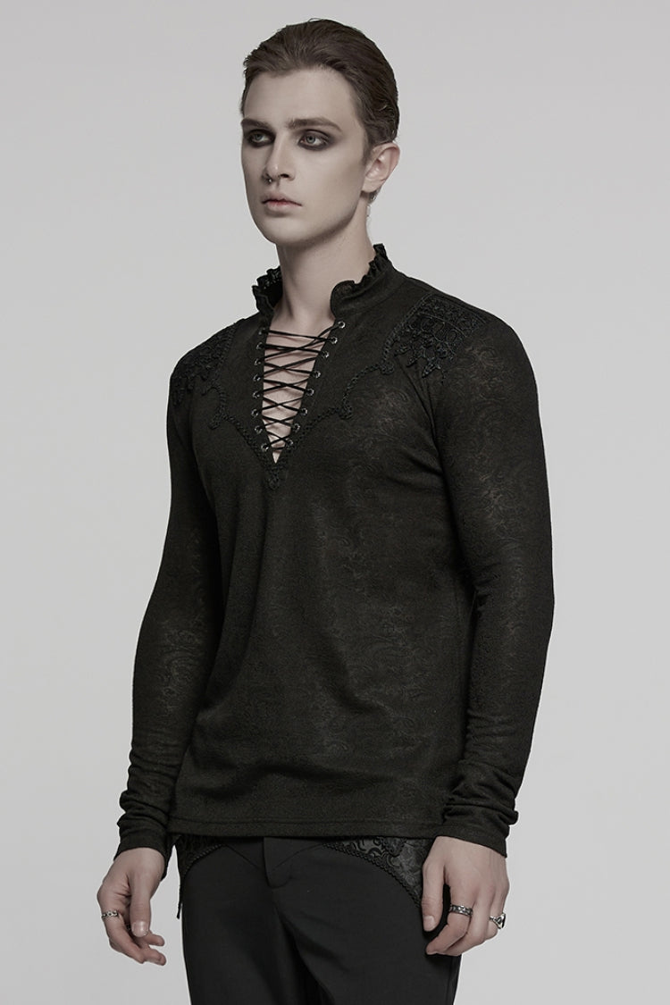 Black V Collar Long Sleeves Jacquard Embroidery Men's Gothic Blouse