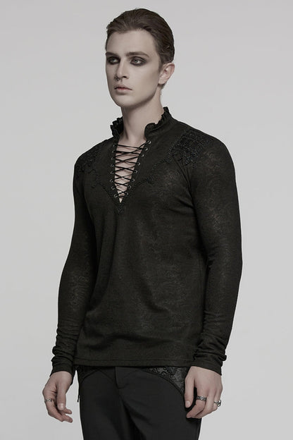 Black V Collar Long Sleeves Jacquard Embroidery Men's Gothic Blouse