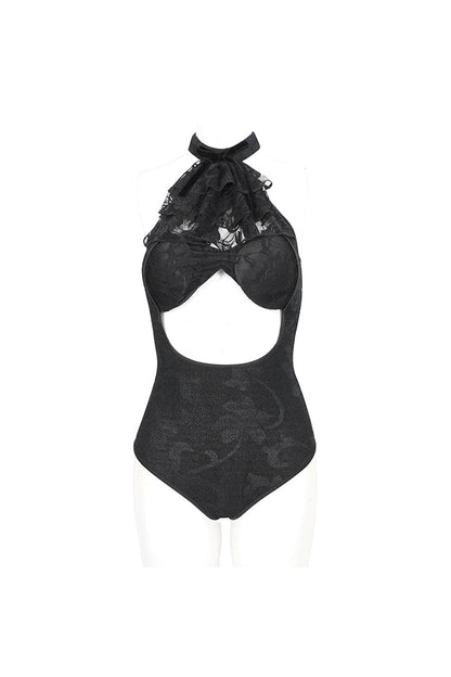 Black Stretch Textured Print Butterfly Halterneck Lace Women's Gothic One Piece Swimsuit