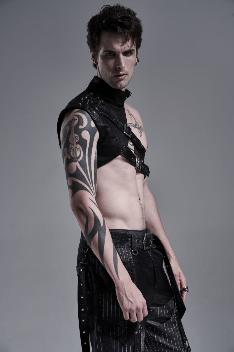 Black Stand Collar Sleeveless Irregular Asymmetric Studded Chain-Decorated Men's Gothic Handsome Cool Shoulder Harnesses