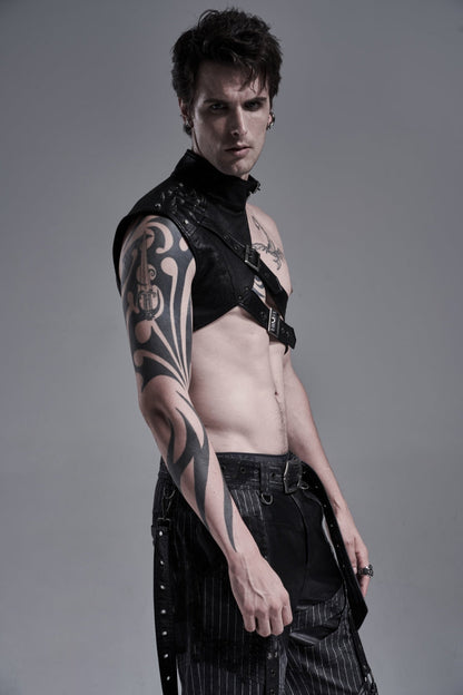 Black Stand Collar Sleeveless Irregular Asymmetric Studded Chain-Decorated Men's Gothic Handsome Cool Shoulder Harnesses
