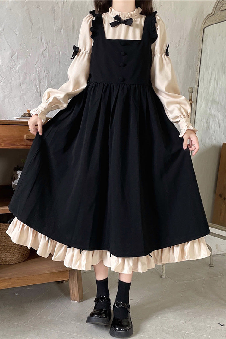 Black/Apricot Japanese Long Puff Sleeves Ruffle Bowknot Sweet Lolita Dress 2 Colors